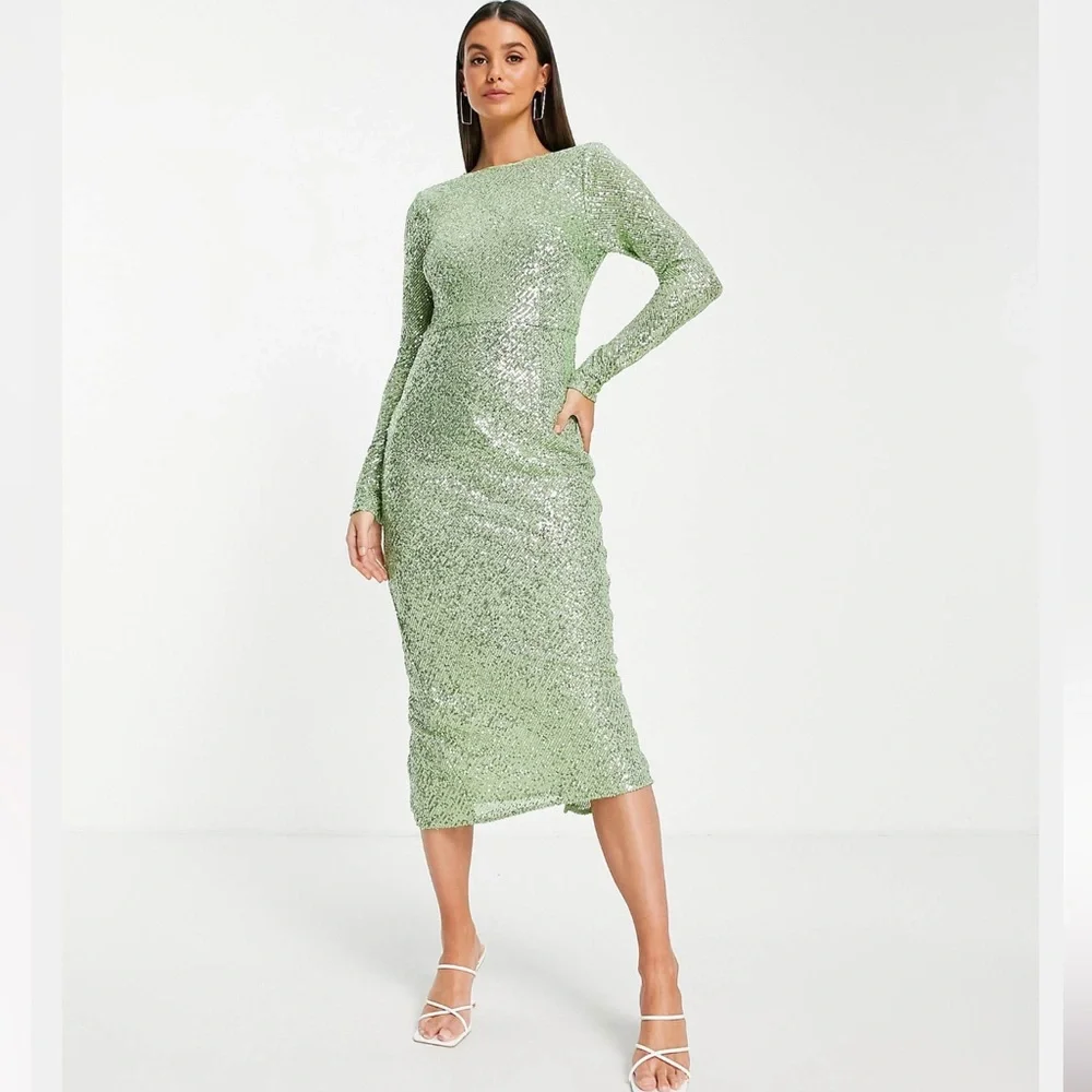 ASOS DESIGN Tall embellished sequin pencil midi dress Green Size size US 12 - Picture 2 of 14